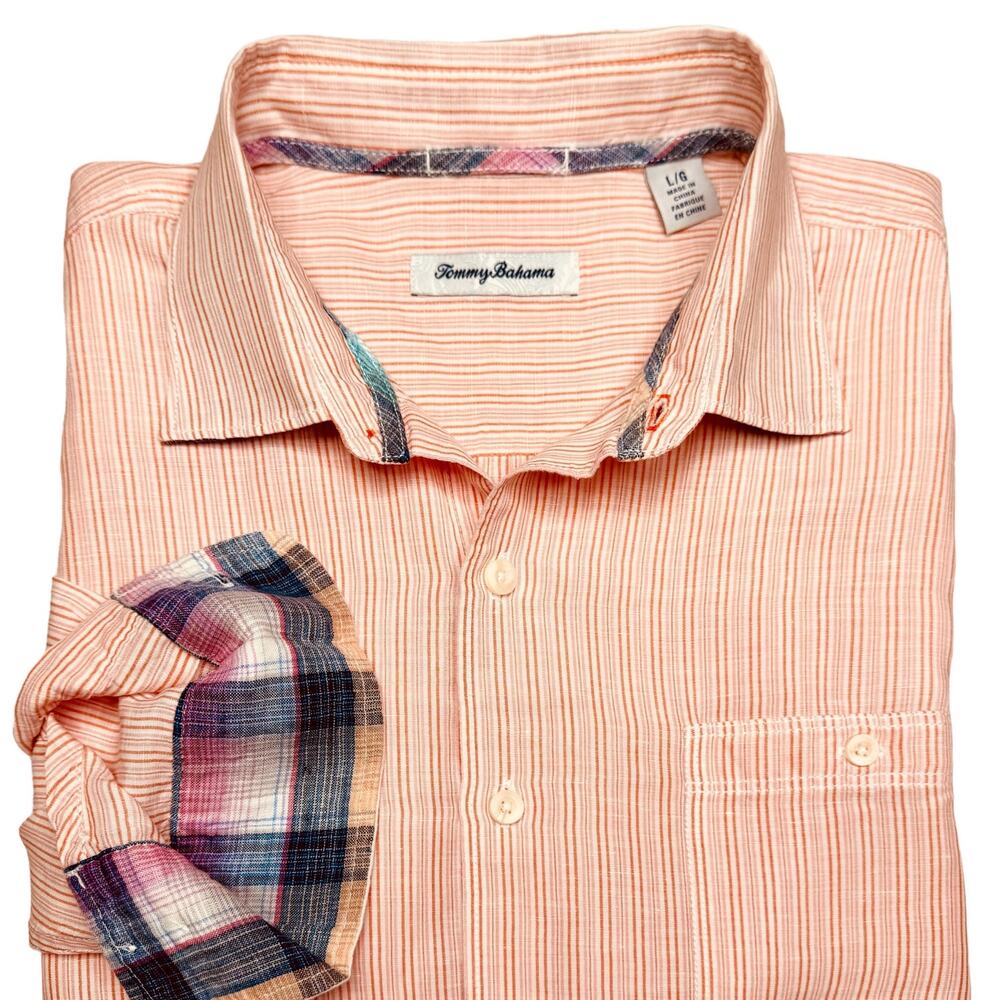 Tommy Bahama Men's Large Long Sleeve Linen Blend Striped Button Down Shirt EUC